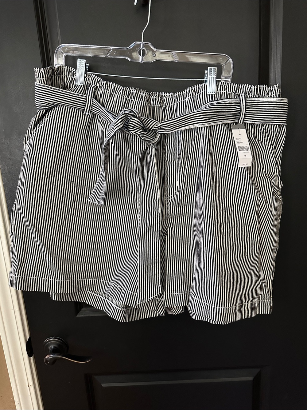 Lane Bryant Black and White Striped Paperbag Waist Shorts with Tie Belt